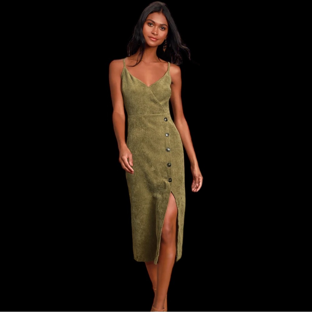 NWT Lulu's Wandering Wildly Olive Green Corduroy Button Dress Large